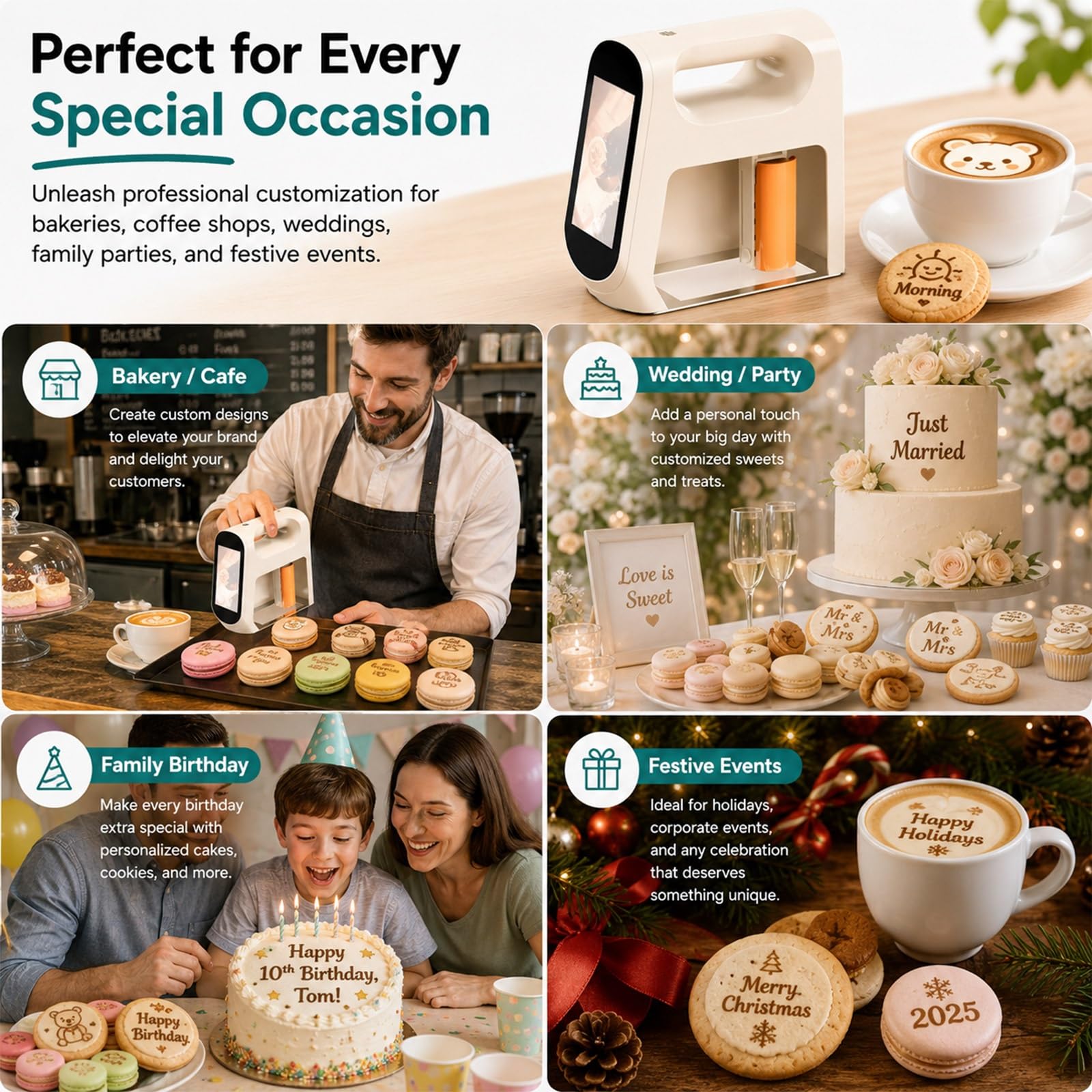 Stampante Alimentare Compatta per Biscotti e Torte, Macchina di Decorazione Portatile con App, Strumento di Personalizzazione di Testo e Immagine per Caffè Latte Art(Matcha)