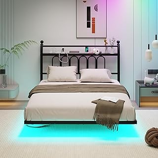 JELUTE King Size Floating Bed Frame with LED Lights Storage Headboard and Charging Station, Heavy Duty Metal Platform Bed Frame, No Box Spring Needed, Noise Free, Black