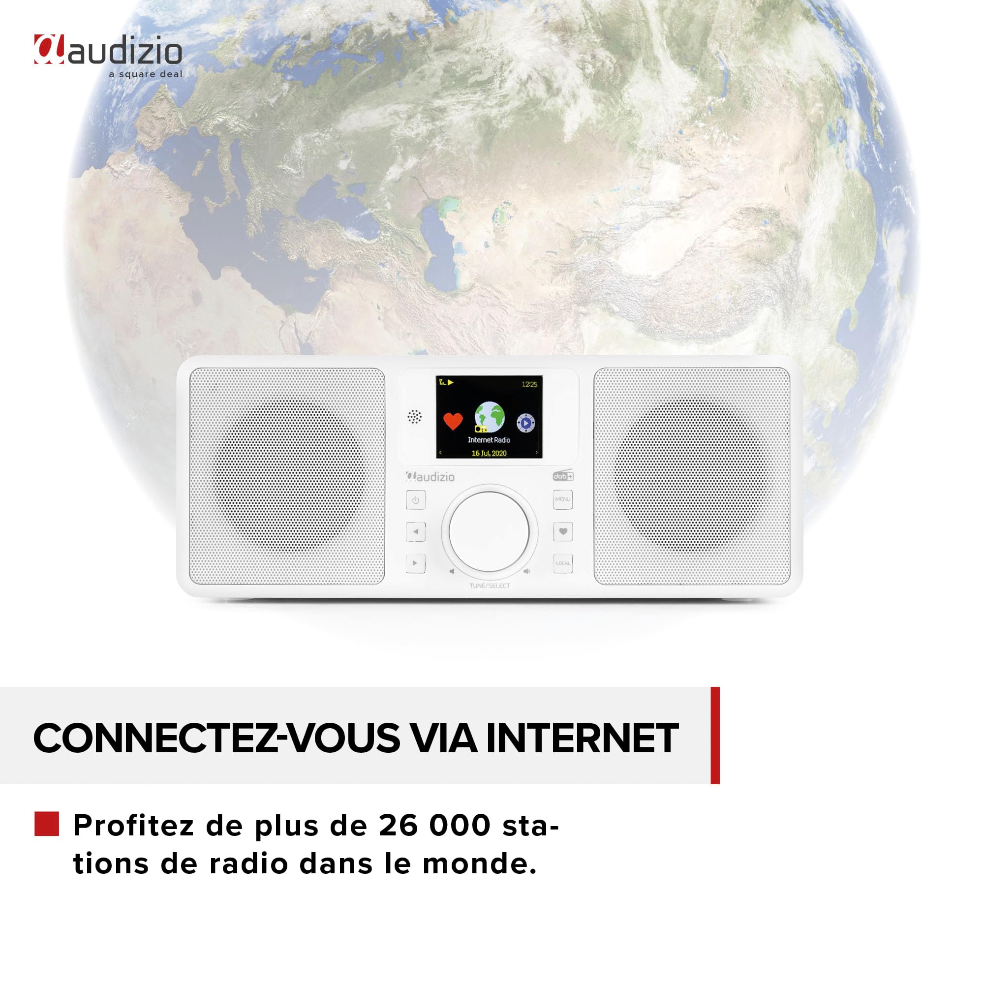 Audizio Rome - Radio Internet WiFi Stéréo Dab+ - Blanc, Récepteur Bluetooth, Écran de Couleur, Fonction Horloge et Timer, Télécommande Incluse, Idéal en Maison et Bureau