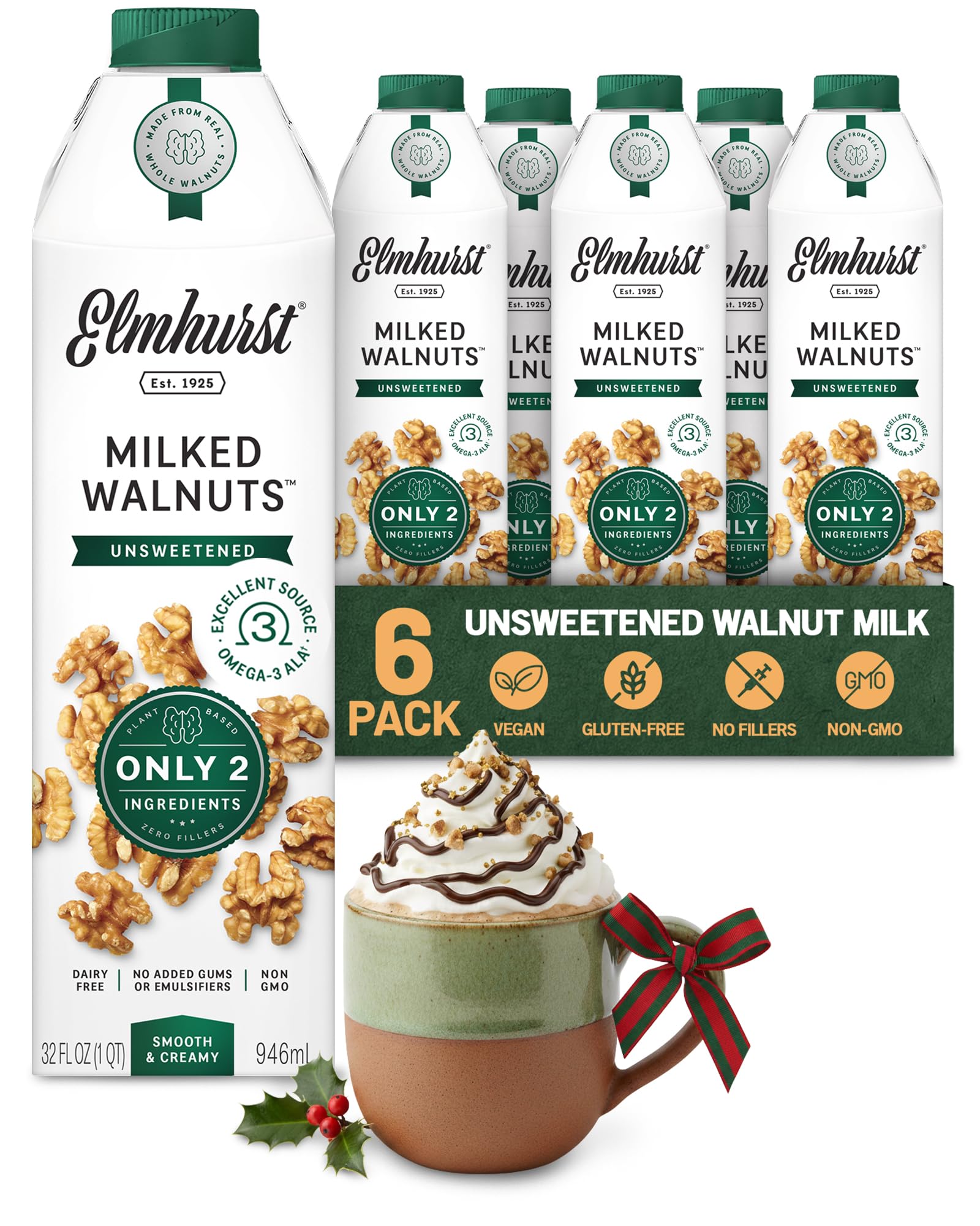 Elmhurst 1925 Unsweetened Walnut Milk - 32 Ounce (Pack of 6) Dairy-Free, Gluten-Free, Vegan, Kosher, Shelf Stable Milk Made with Water & Walnuts for Healthier, Simpler Plant-Based Alternatives