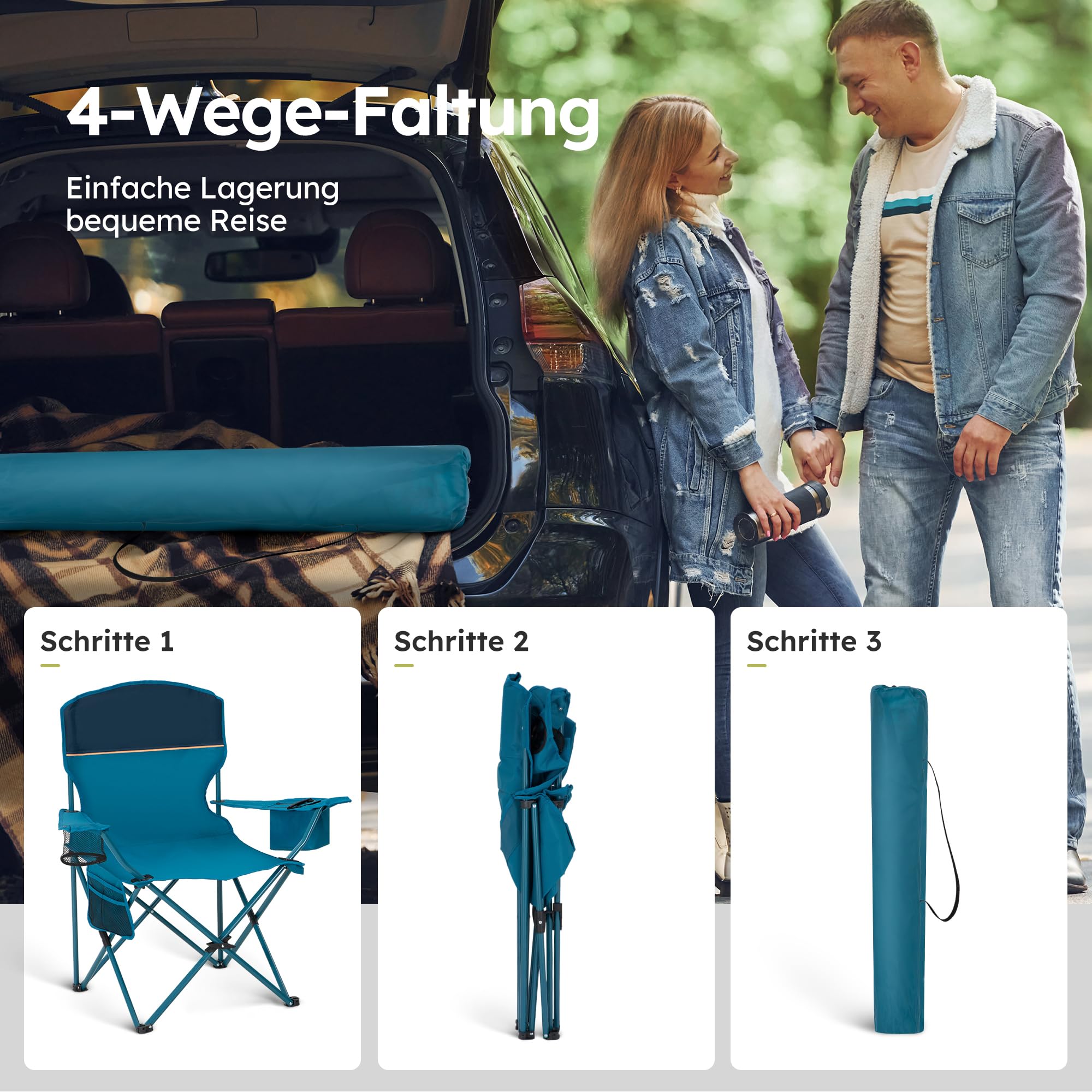 HIGH Point SPORTS – Juego de 2 sillas de camping plegables con bolsa isotérmica, bolsa de almacenamiento, silla de pesca plegable hasta 120 kg, silla de camping al aire libre con portavasos, azul