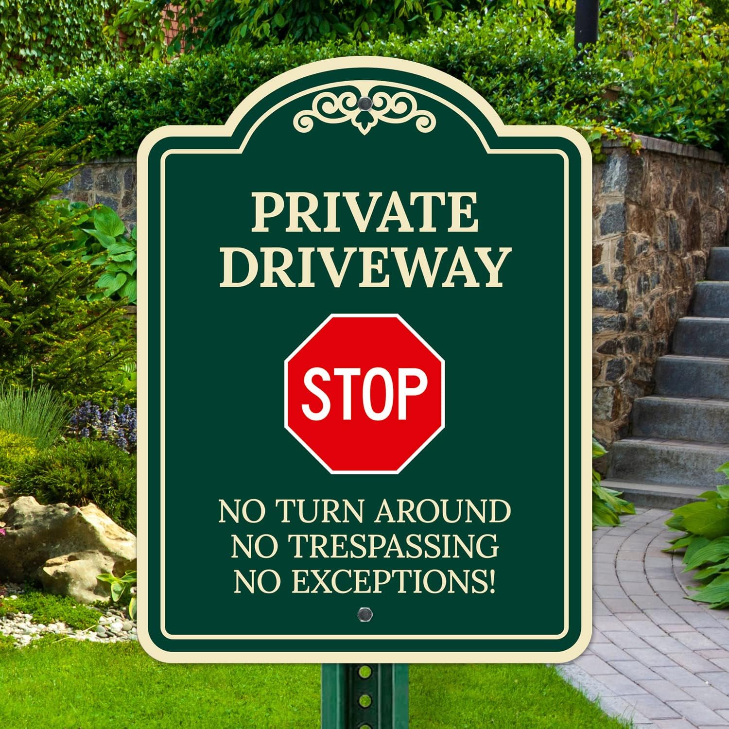 Private Driveway No Turn Around Or Trespassing No Exceptions Decor Sign, Green Dark, 18x24 Inches, ACM, Fade Resistant, Made in USA