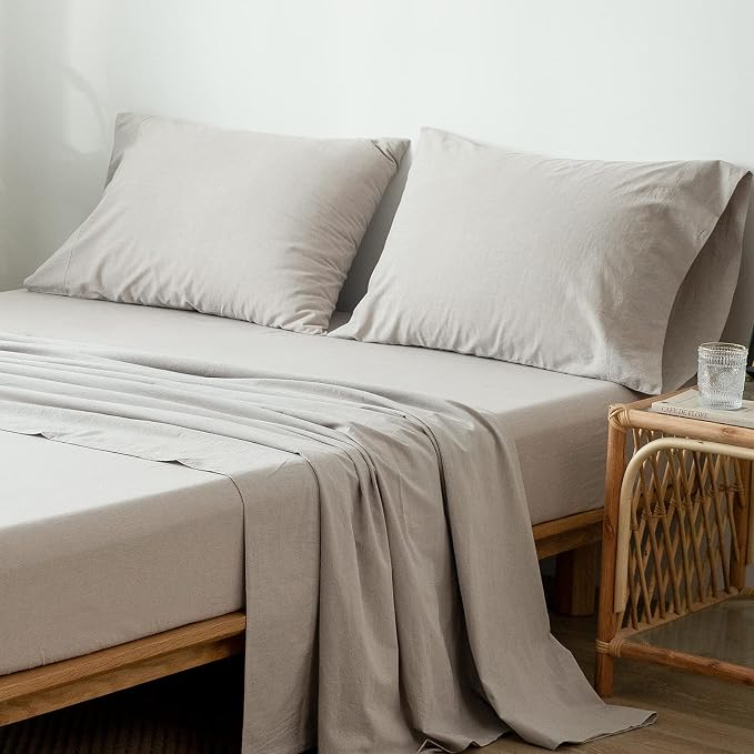 MooMee Bedding Sheet Set 100% Washed Cotton Linen Like Textured Breathable Durable Soft Comfy (Solid Light Tan, Queen)