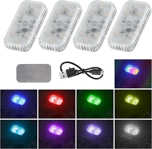 LivTee 4 luces LED inalámbricas para el interior del automóvil pequeño, recargable por USB, luz nocturna LED para decoración del automóvil,