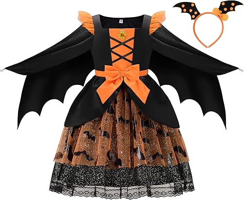 ReliBeauty Disfraz de murciélago para niñas con alas, diademas de murciélago y bolsa de murciélago, disfraz de Halloween, negro y naranja
