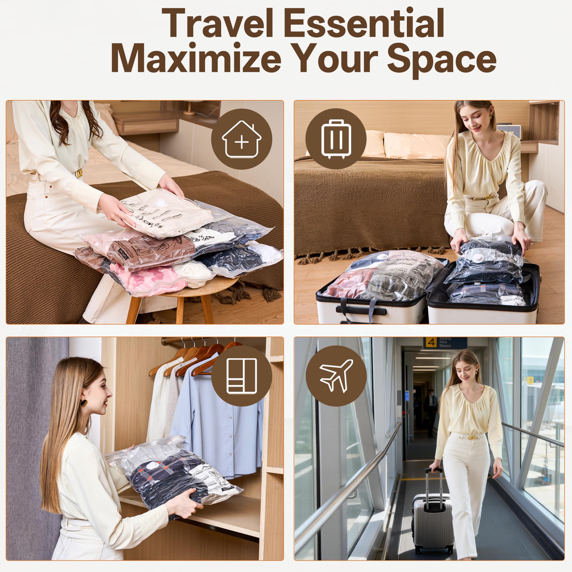 Bolsa de almacenamiento al vacío de viaje con bomba inalámbrica recargable, paquete de 15 bolsas de sellado al vacío para ahorrar espacio para ropa, equipaje y maleta, embalaje de compresión