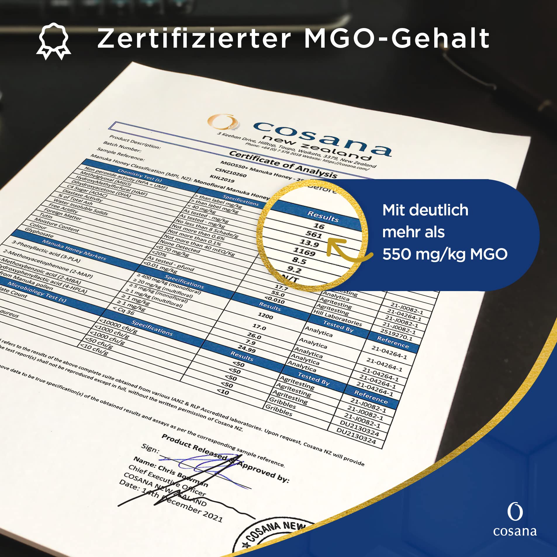 Cosana Manuka Honig 550+ MGO 250g – Original Manuka Honig aus Neuseeland, pur, zertifiziert
