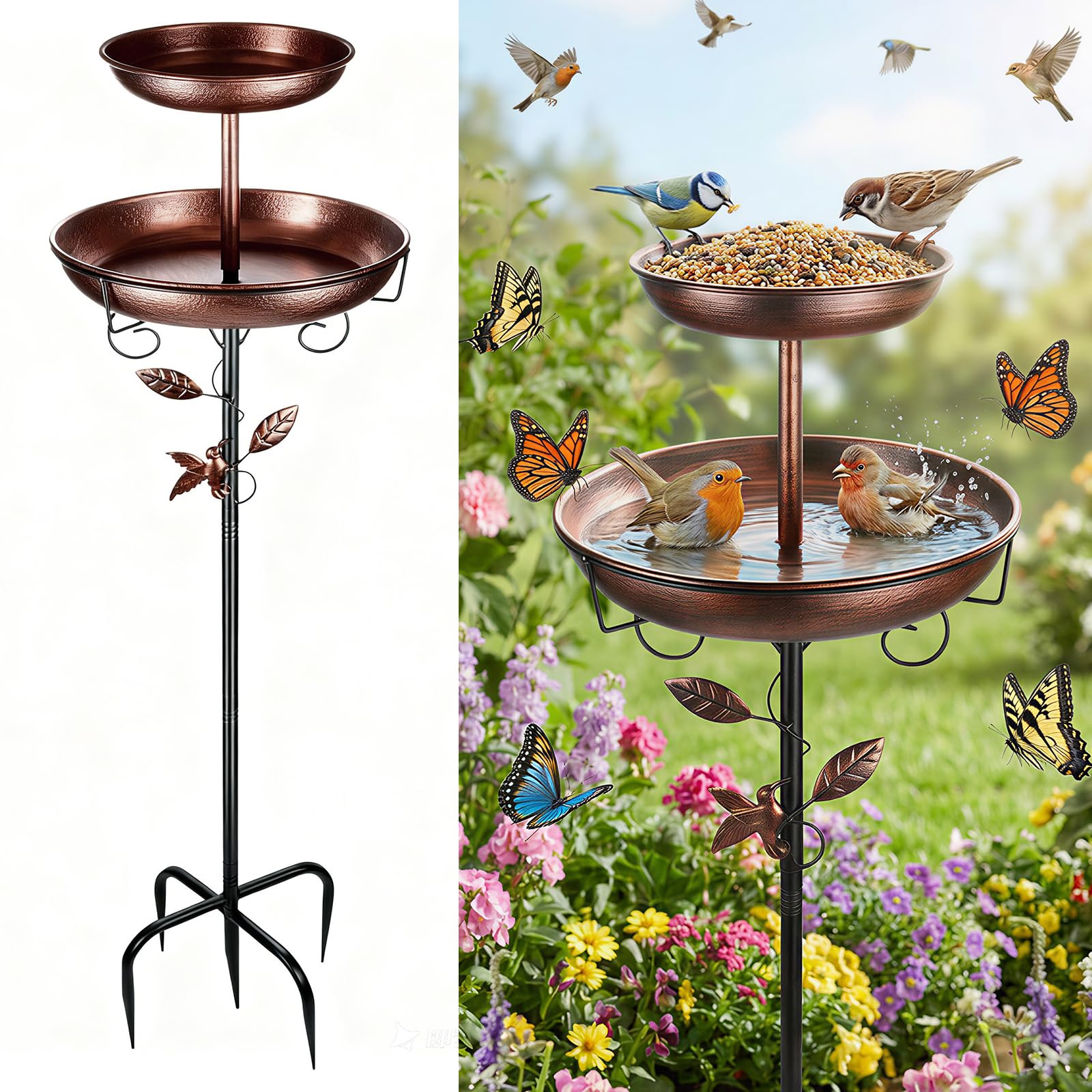 Vogeltränke, Vogeltränke Garten freistehend, Metall Vogelbad mit stabilem Standfuß, Wasserstelle für Wildvögel, frostsicher & wetterfest, Gartendeko Outdoor (Antik-Bronze)