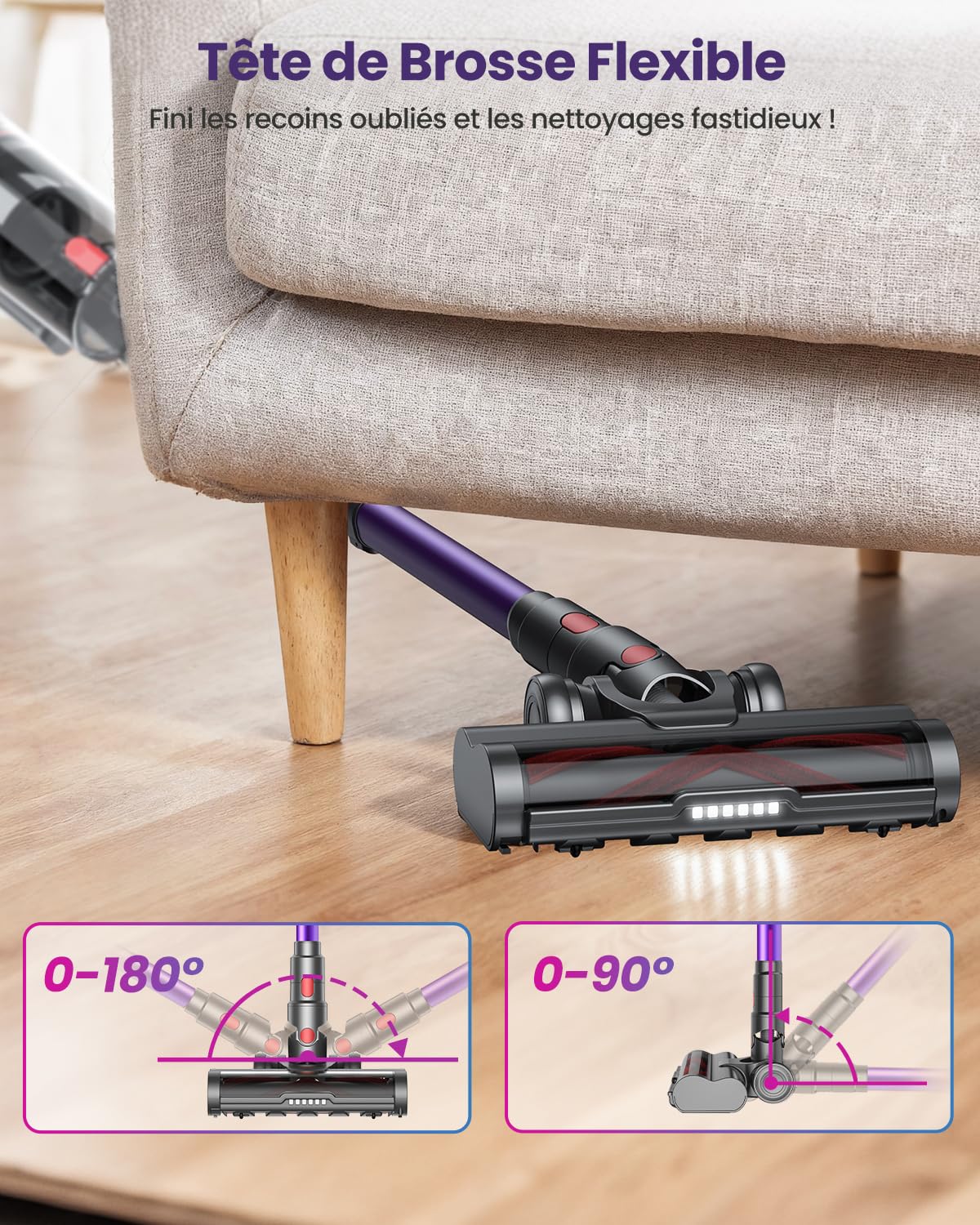 Aspirateur Balai Sans Fil avec 2 Batteries, 150Min/55KPA/600W/2.0L Aspirateur Sans Fil Puissant, Brosse Anti-Enchevêtrement/Support Mural Rechargeable/Écran LED, pour Poils d'Animaux/Tapis/Sols Durs