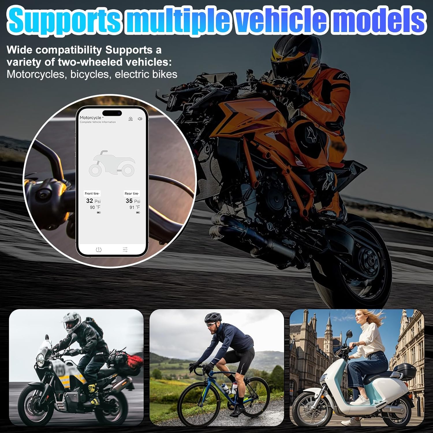 B-Qtech Motorcycle TPMS Bluetooth Tire Pressure Monitoring System with 2 External Sensors, Real-Time Temperature Pressure Monitor Alarm, Compatible with iOS and Android