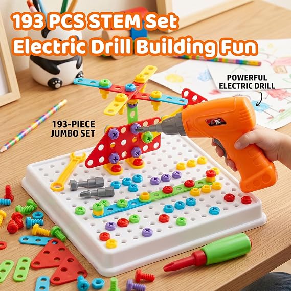 STEM Drill & Build Kit for Kids Ages 3-8 | Electric Toy Drill with 193+ Pieces (Screws, Nuts, Rainbow Fasteners) | Creative Design Construction Toys for Boys Girls | Gift for Birthdays, Christmas