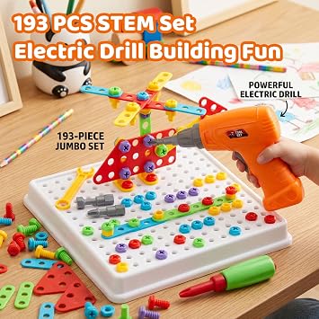STEM Drill & Build Kit for Kids Ages 3-8 | Electric Toy Drill with 193+ Pieces (Screws, Nuts, Rainbow Fasteners) | Creative Design Construction Toys for Boys Girls | Gift for Birthdays, Christmas