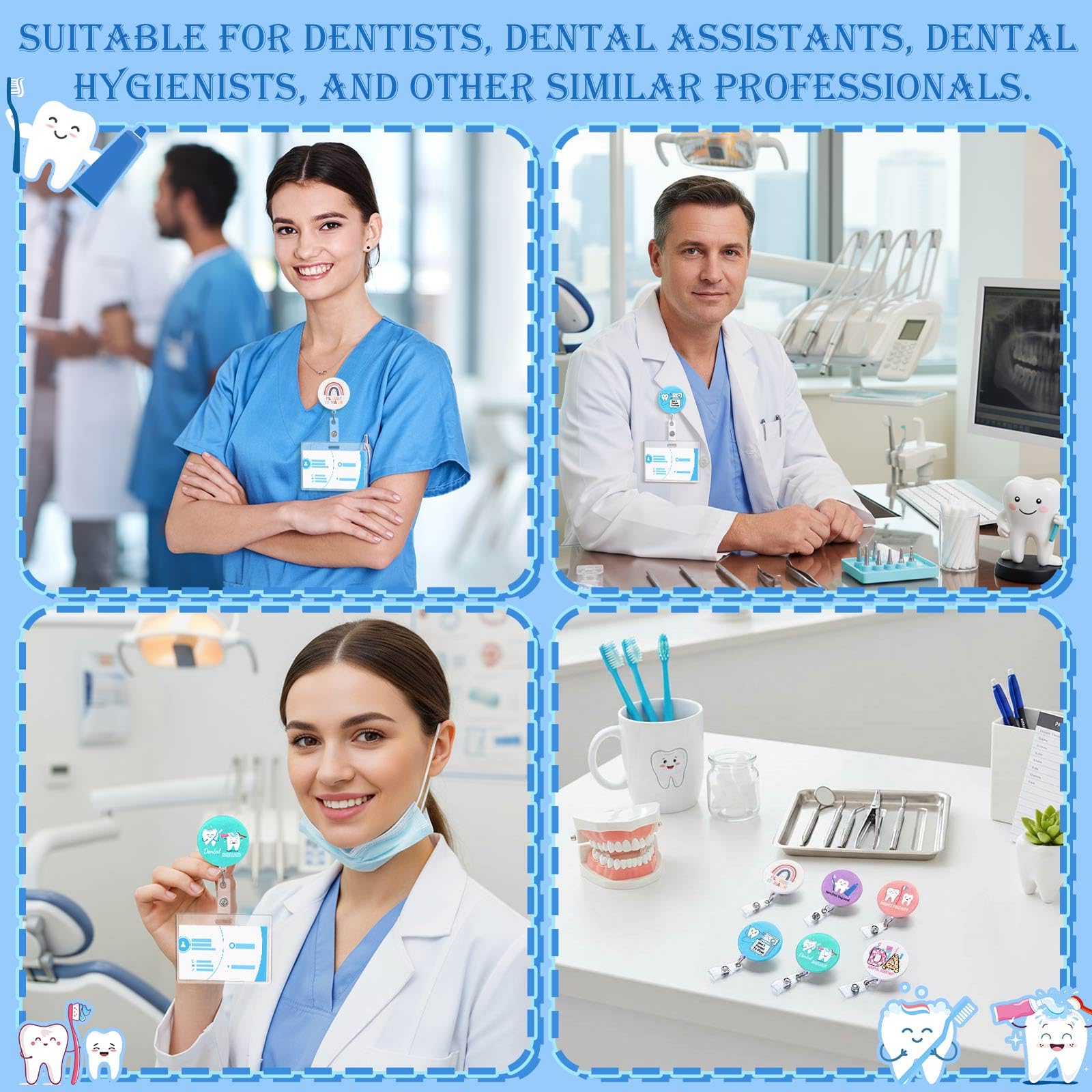 Hoteam 6 Pcs Dental Badge Reels Dental Assistant Week Gifts Teeth Retractable ID Badge Holders with Alligator Clip Healthcare Appreciation Gifts for Dentist Hygienist Doctor Nurse Graduation