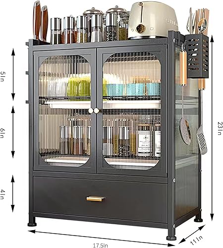 Miniatura 10 de FAQINZYUAN Encimera de cocina con cajones, armario escurridor, diseño de doble puerta, resistente al polvo y al aceite, gabinete de almacenamiento