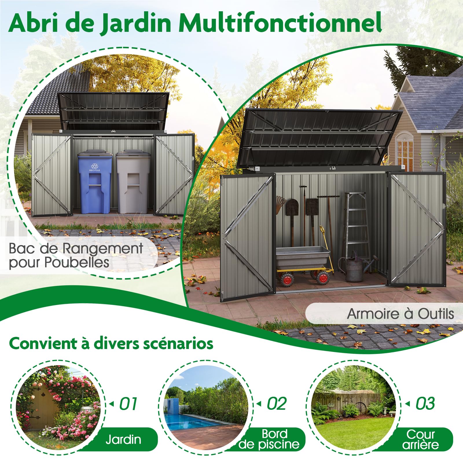 RELAX4LIFE Abri de Jardin Métal Extérieur avec 2 Grandes Portes et Couvercle Relevable à 40°, Remise de Stockage à Outils en Acier Galvanisé pour Poubelles Vélos Outils 172X100X129 CM (Vert)
