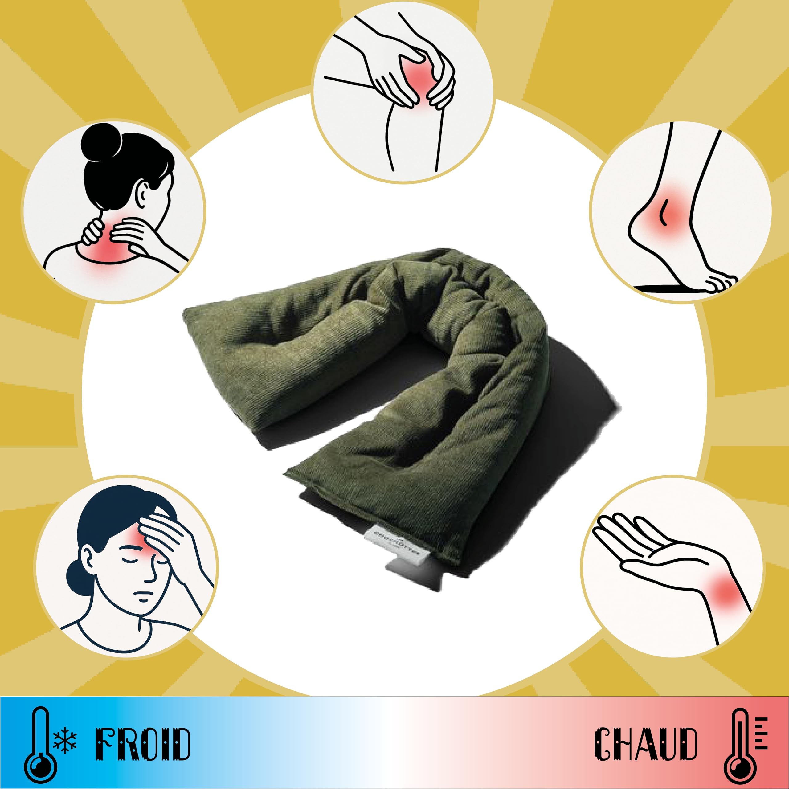Coussin Emplâtre Chauffant La Cervicale en graines de lin - Bouillotte naturelle pour micro-ondes - Compresse chaud/froid - Soulage douleurs, torticolis, migraine, cou - Fabriqué en France - 52x12 cm