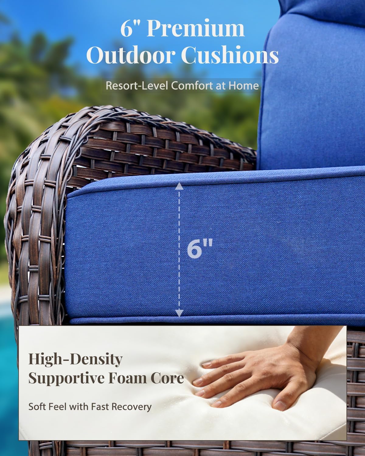 Patio Furniture Set with Luxury 6" Cushions, 6 Pcs Swivel Rocking Patio High Back Chairs and Couch, Outdoor Wicker Conversation Set for Deck, Porch, Backyard, Poolside, Blue