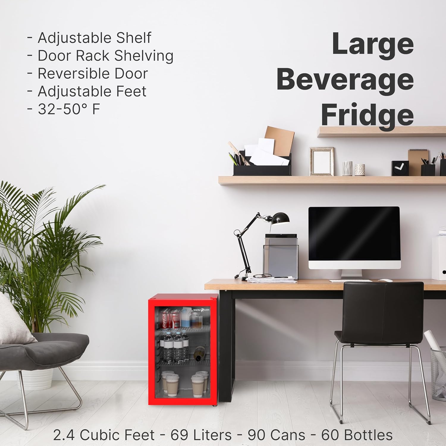 Premium Undercounter Glass Door Mini Fridge, 69L Compact Beverage Fridge with 90 Can Capacity, 2.4 Cu.ft. Freestanding Drink with Glass Door, Compact refrigerator with Reversible Door