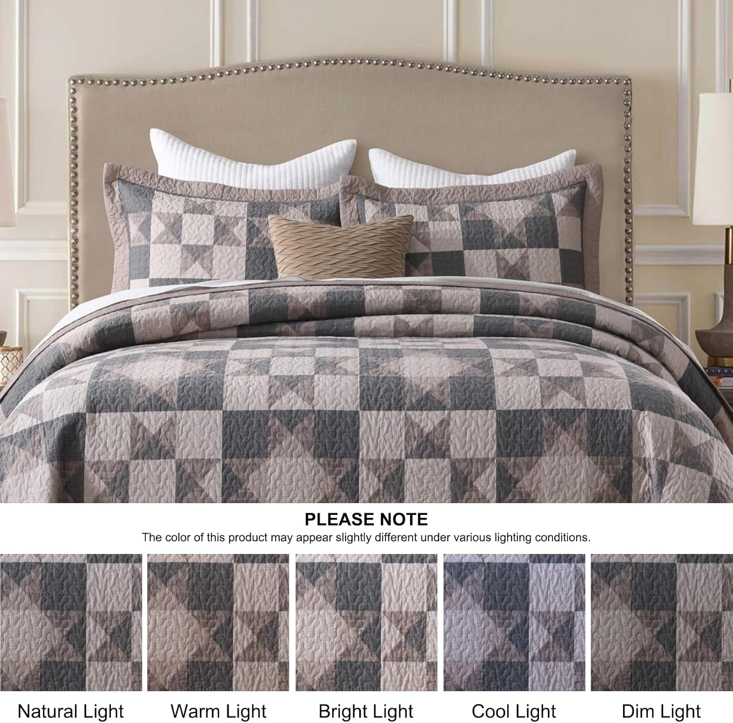 100% Cotton Oversized Queen Bedspread Set - 120"x102" Brown Farmhouse Plaid Quilt Set with 2 Pillowshams, Soft and Lightweight Comforter Coverlet Bedding Set 3pcs, Brown/Dark Gray