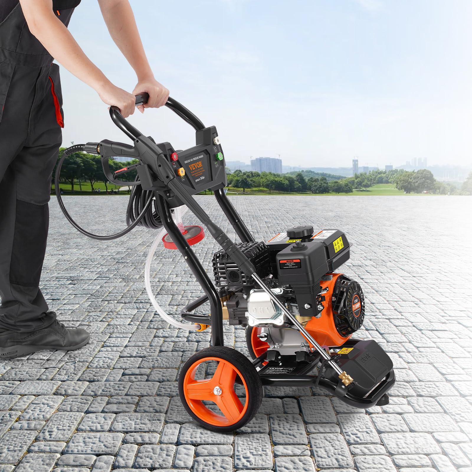 VEVOR Lavadora de Alta Presión a Gas Vertical 3950 PSI 2,6 GPM Limpiador de Alta Presión 10 L/min con Bomba de Cobre, Pistola Rociadora, Varilla de Extensión, 5 Boquillas para Casas, Vehículos