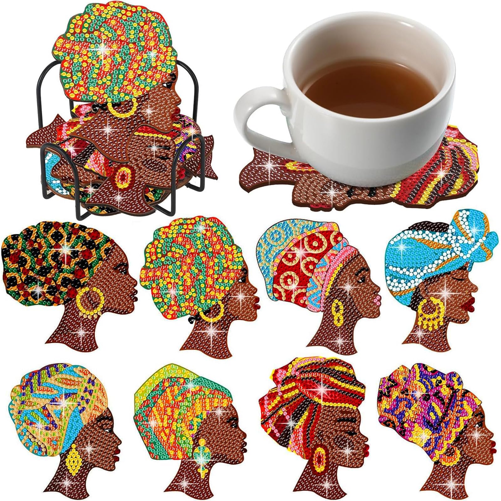 8 Pcs African American Diamond Painting Coasters with Holder Black Women Diamond Art Kits for Adults Beginners DIY Craft Supplies Gift