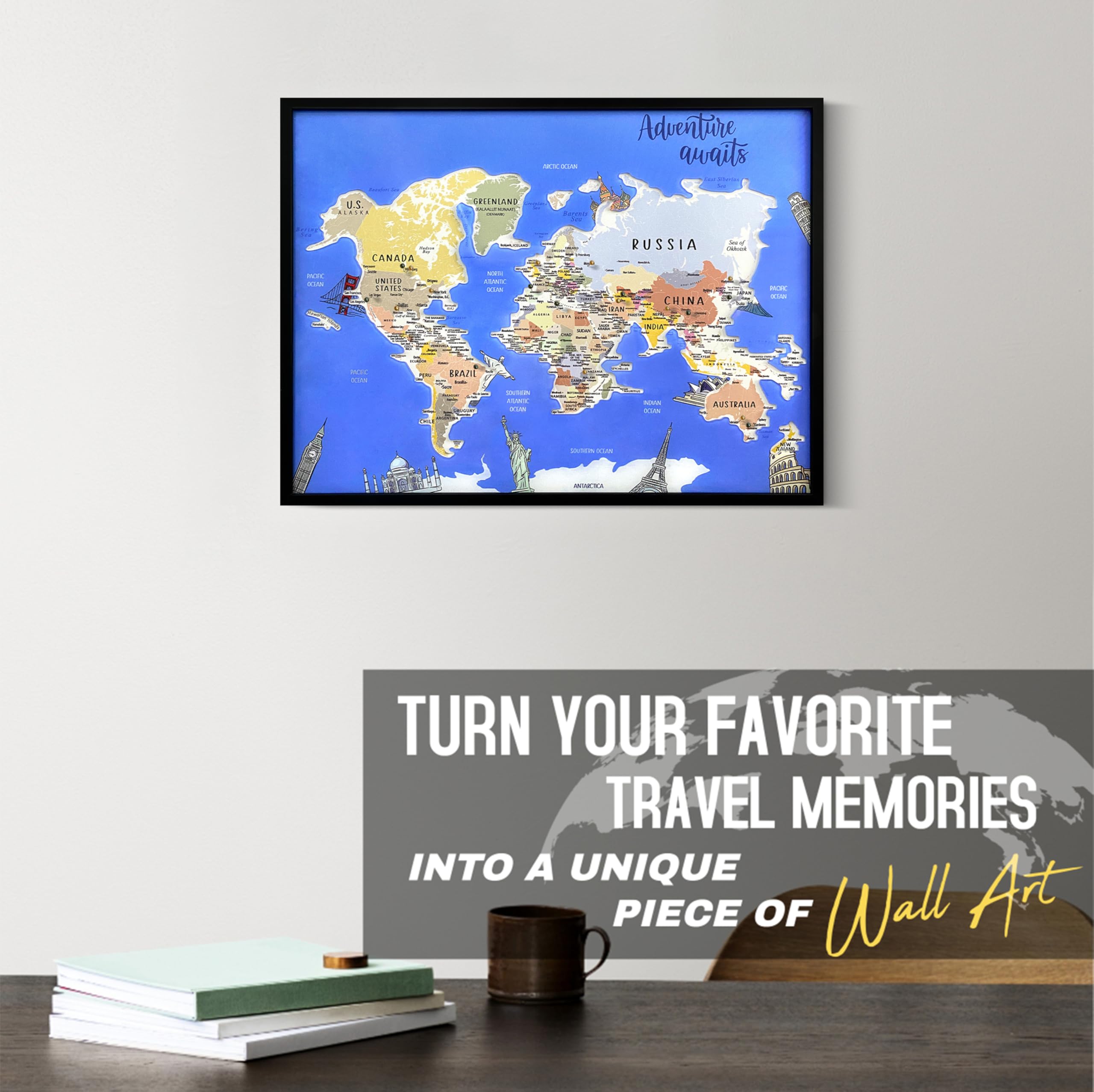 flinelife Tablero de pines de mapa del mundo, 17 x 13 pulgadas, mapa de viaje mundial con pines, perfecto para viajeros, parejas, familias o regalo de jubilación