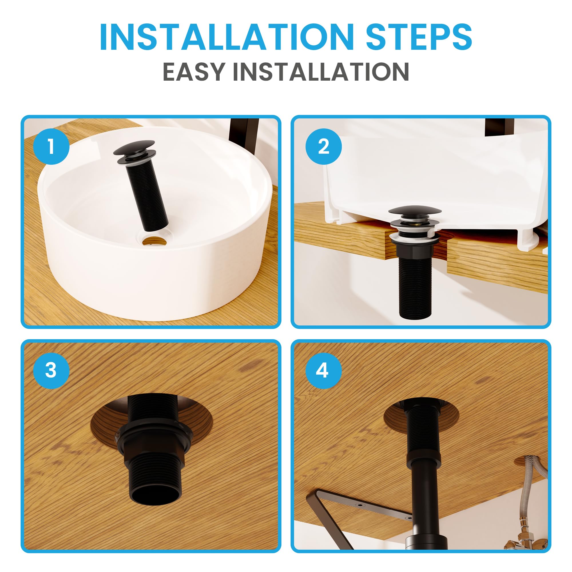 Bächlein Extra Long Universal Drain Fitting without Overflow (Matt Black) - Pop Up Valve for Countertop Washbasins - Image 4