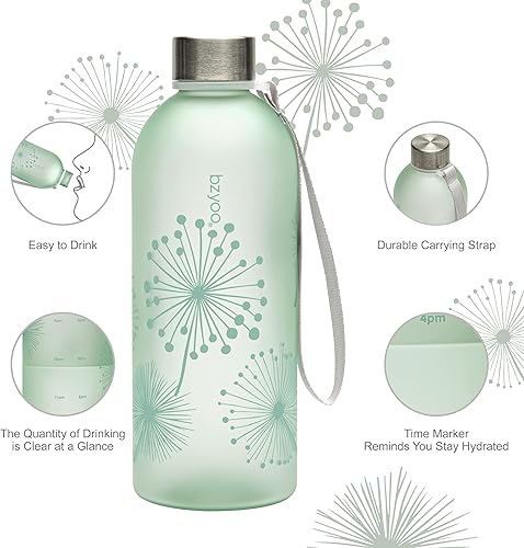 Miniatura 5 de bzyoo Botella de agua transparente de 32 onzas con marcador de tiempo, diseño de diente de león, plástico duradero, sin BPA, reutilizable, con