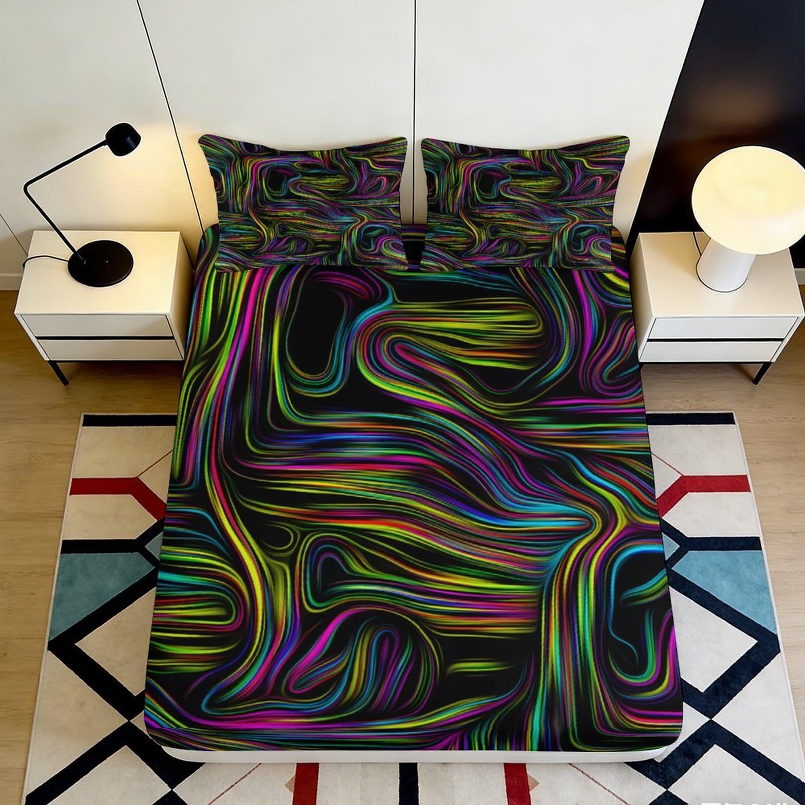 3D Printed Neon Swirl Fitted Sheet Microfiber Vibrant Abstract Mattress Cover for Bedroom Decor Protection 90x200x25cm