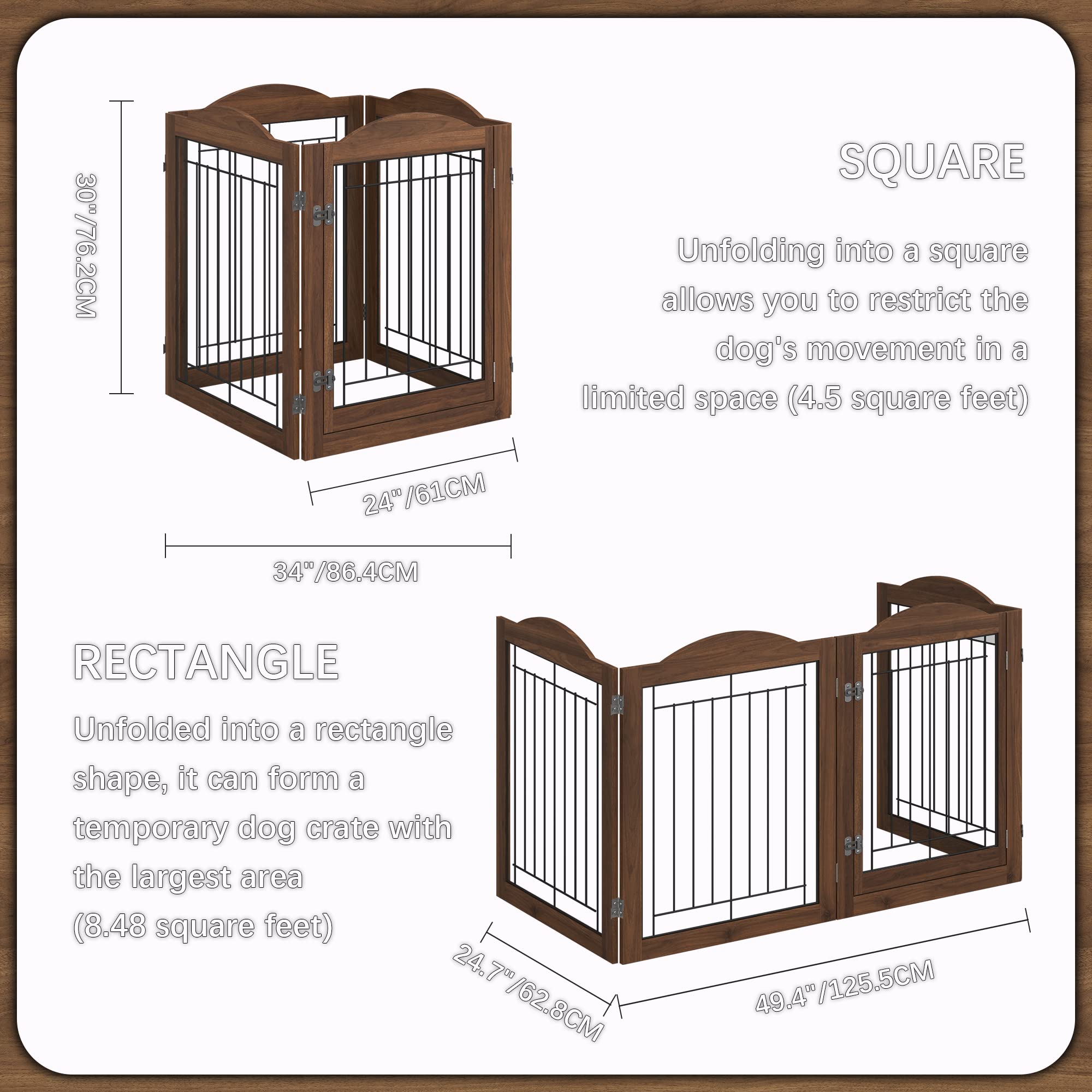 GHQ&ME No-Assembly 96" Extra Wide 30" Tall Freestanding Pet Gate with Door Walk Through, Accordion Folding Dog Gate for Doorways Stairs, Indoor Playpen with 2PCS Support Feet - Brown