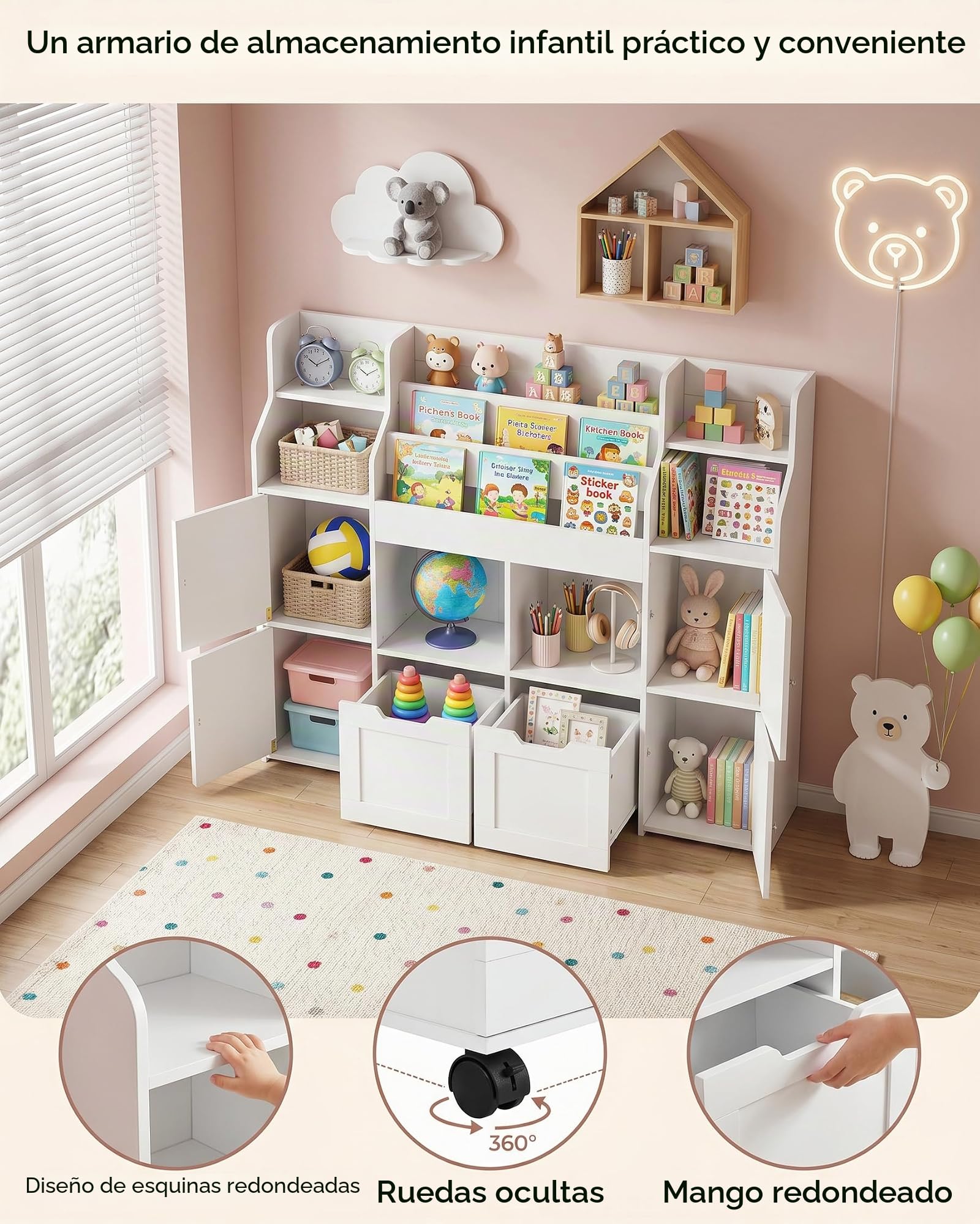 Libreria Infantil Estanteria con 2 Cajones Blanco Montessori Mueble Almacenaje para Habitacion Organizador de Juguetes con 8 Ruedas Seguro y Estable