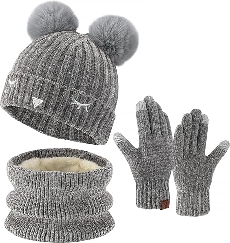 Toddler Boys Girls Winter Warm Knit Beanie Hat Neck Scarf Touchscreen Gloves with Fleece Lined Cap for 3-10 Year Kid Gifts