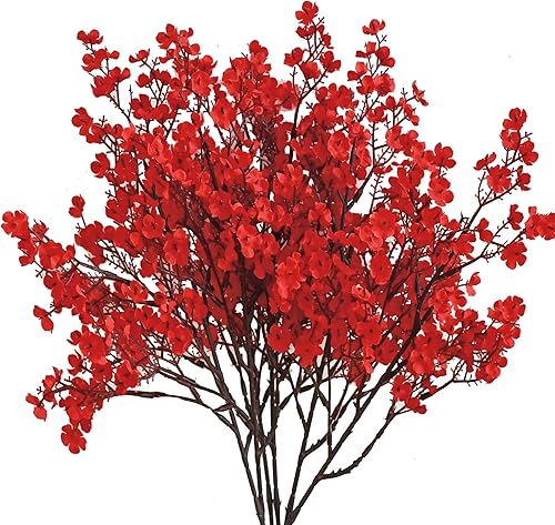 Mandy's 6 paquetes de flores rojas de seda de aliento de bebé, flores artificiales de otoño, ramo de gypsophila de 19.7 pulgadas para decoración del