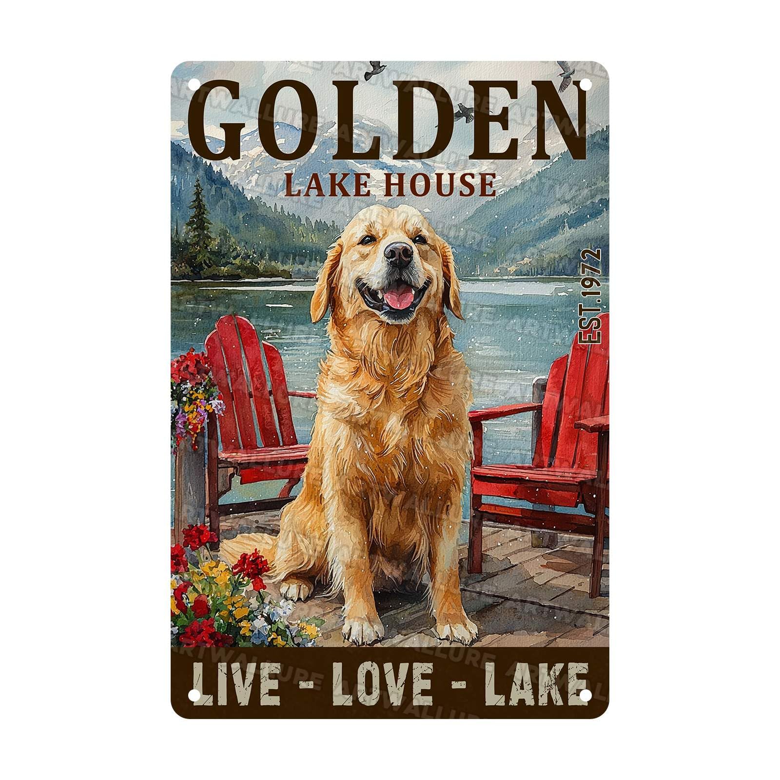 Retro Golden Retriever Lake Cabin Wall Decor Metal Plaque Vintage Rustic Tin Sign for Home Cabin Lakeside Rustic Wall Art Dog Lover Gift 8x12Inch