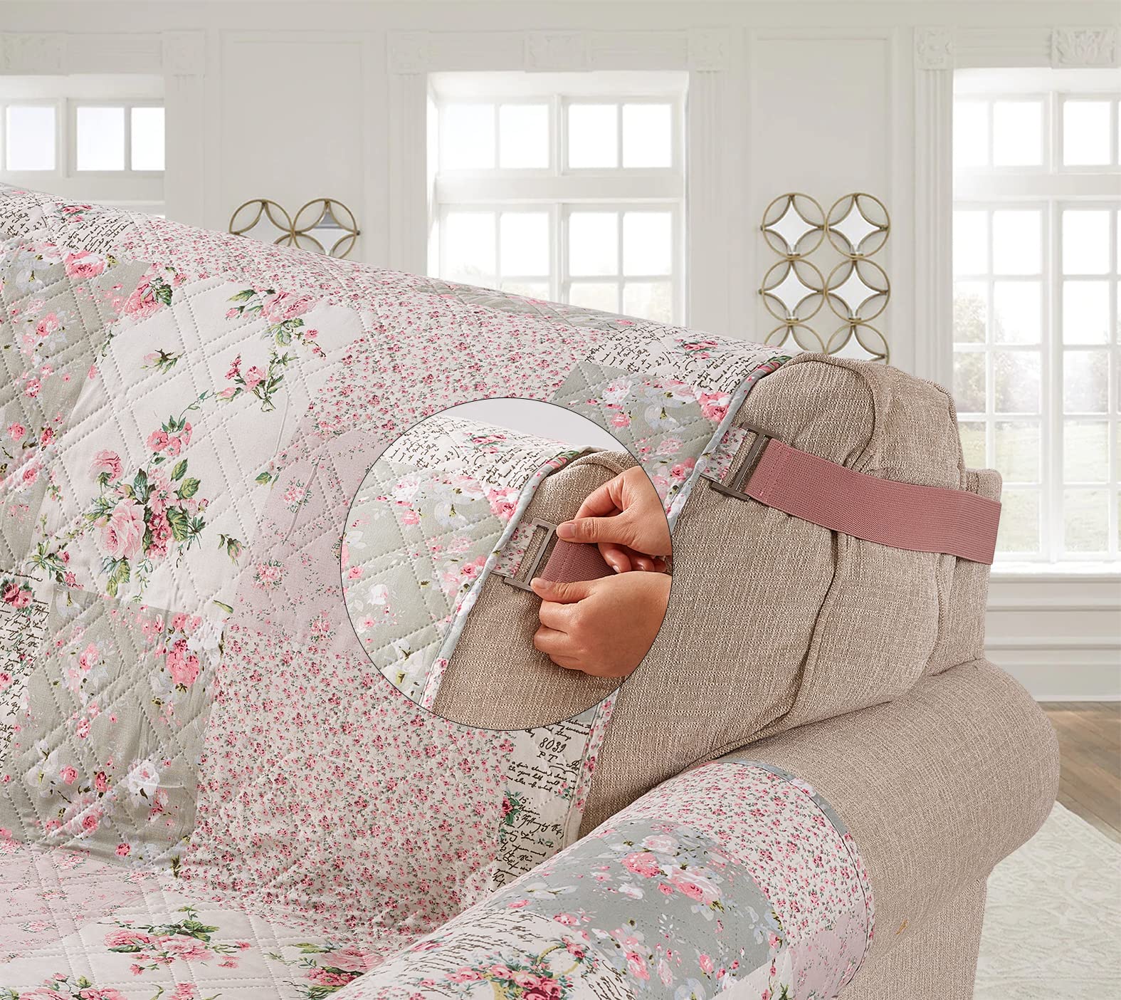 Brilliant Sunshine Traditional Rose and Sage Patchwork Couch Cover, Quilted X-Large Sofa Slipcover, 78" Seat Width, Slip Resistant Furniture Protector, 2" Strap, Washable Cover for Dogs, Rose Sage