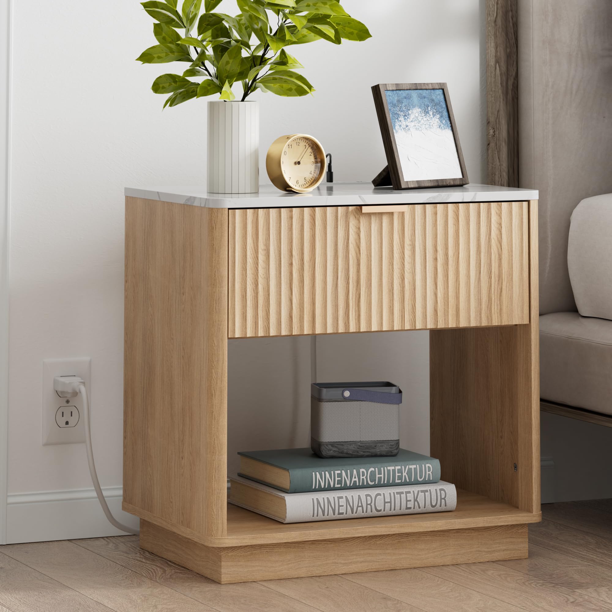 Fluted Nightstand with Charging Station, 23" Side Table with Faux Stone Color Top, Mid Century Modern Night Stand Bedside Table with Drawer & Open Shelf for Bedroom Living Room, White Oak