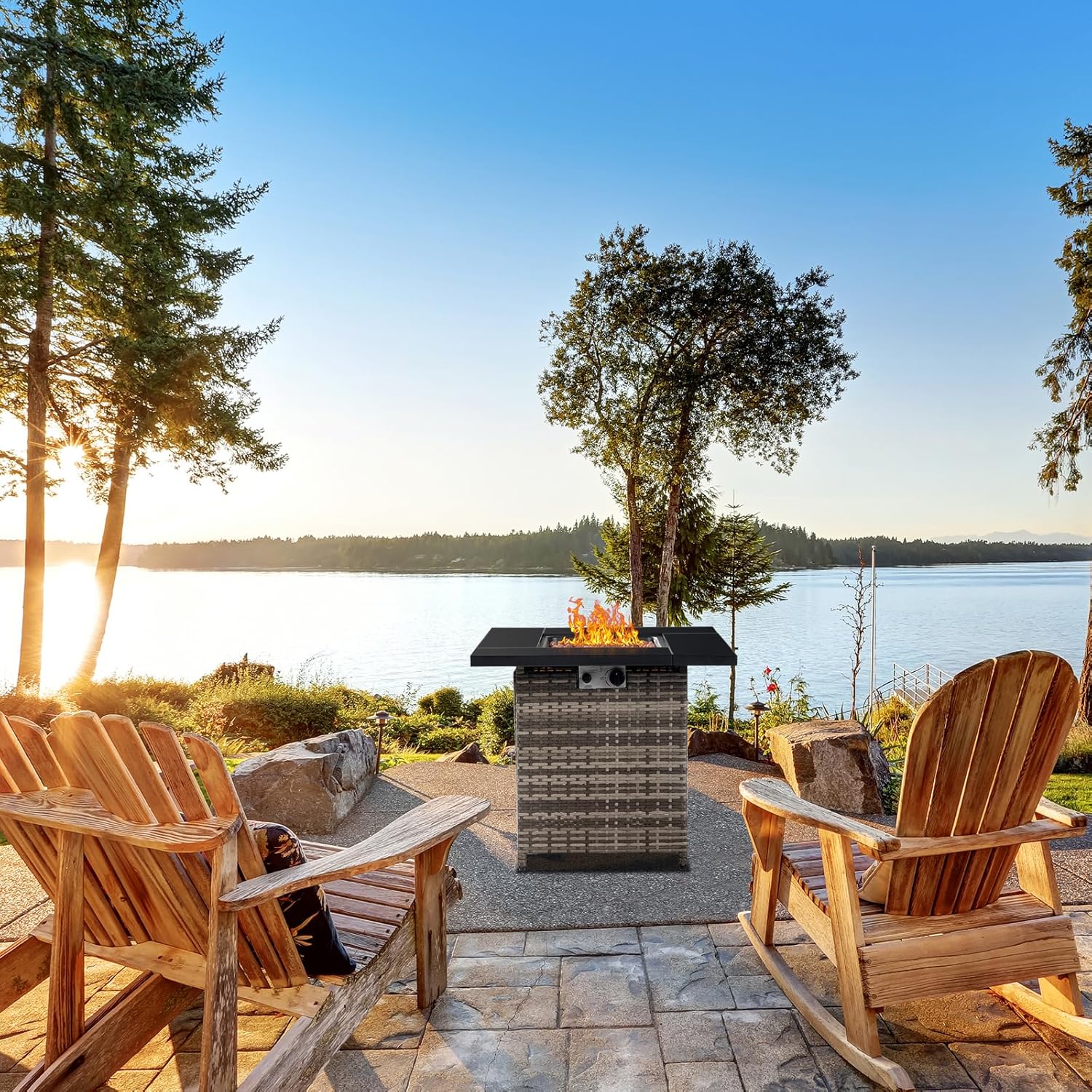 28 Inch Outdoor Propane Gas Fire Pit Table,Outdoor Fire Pit Square Tabletop,Steel Gas Fire Pit Table,Outside Patio Gas Fire Pits,with Lid and Lava Rock,for Patio Deck Garden Backyard (Gray)