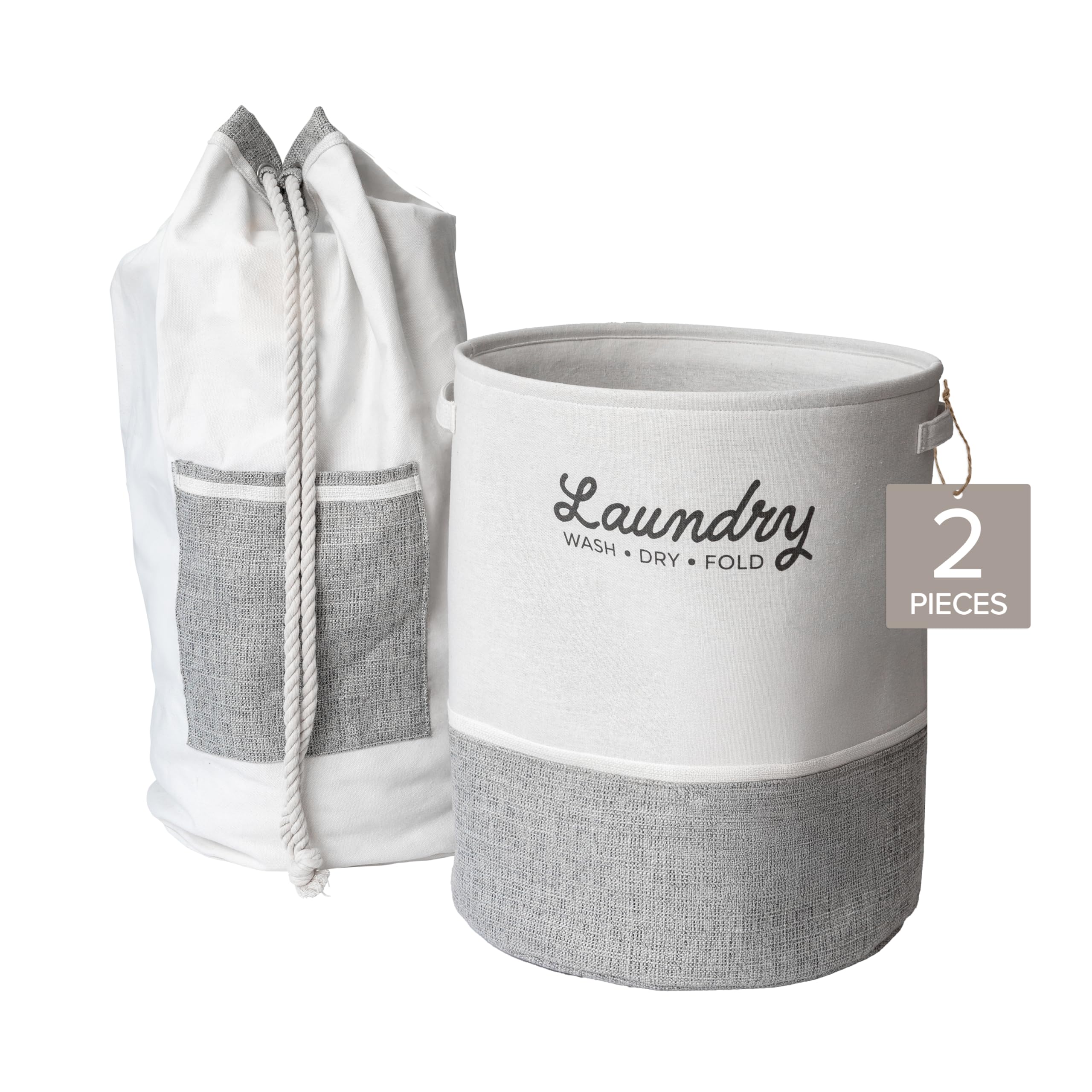 2-teiliges Wäschesack und Wäschekorb-Set mit leicht zu tragenden Griffen, robuster Canvas-Tasche und EVA-Korb, Natur und Creme mit hellgrauen und weißen Akzenten