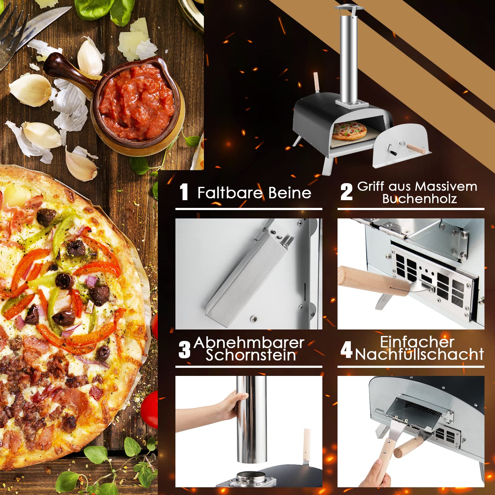 COSTWAY Pizzaofen Outdoor, tragbarer Pizza Holzofen inkl. Pizzaschieber und Pizzastein, Gas & Holz Pizza Ofen für Garten Camping
