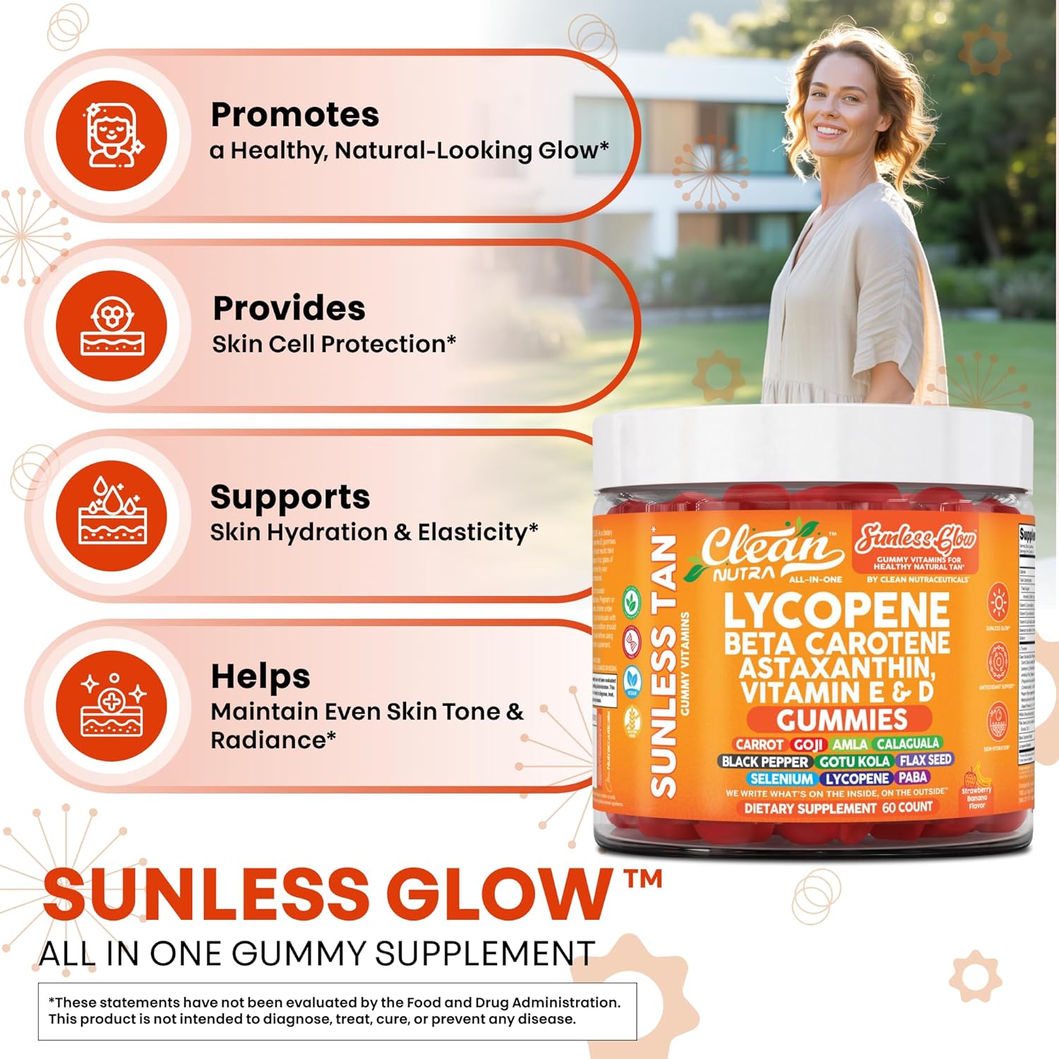 Sunless Glow Lycopene Beta Carotene Tanning Gummies Astaxanthin Vitamin C D E Flax Seed Selenium Amla l Tyrosine PABA Black Pepper 60 Count Strawberry Banana Flavor by Clean Nutra - Image 5