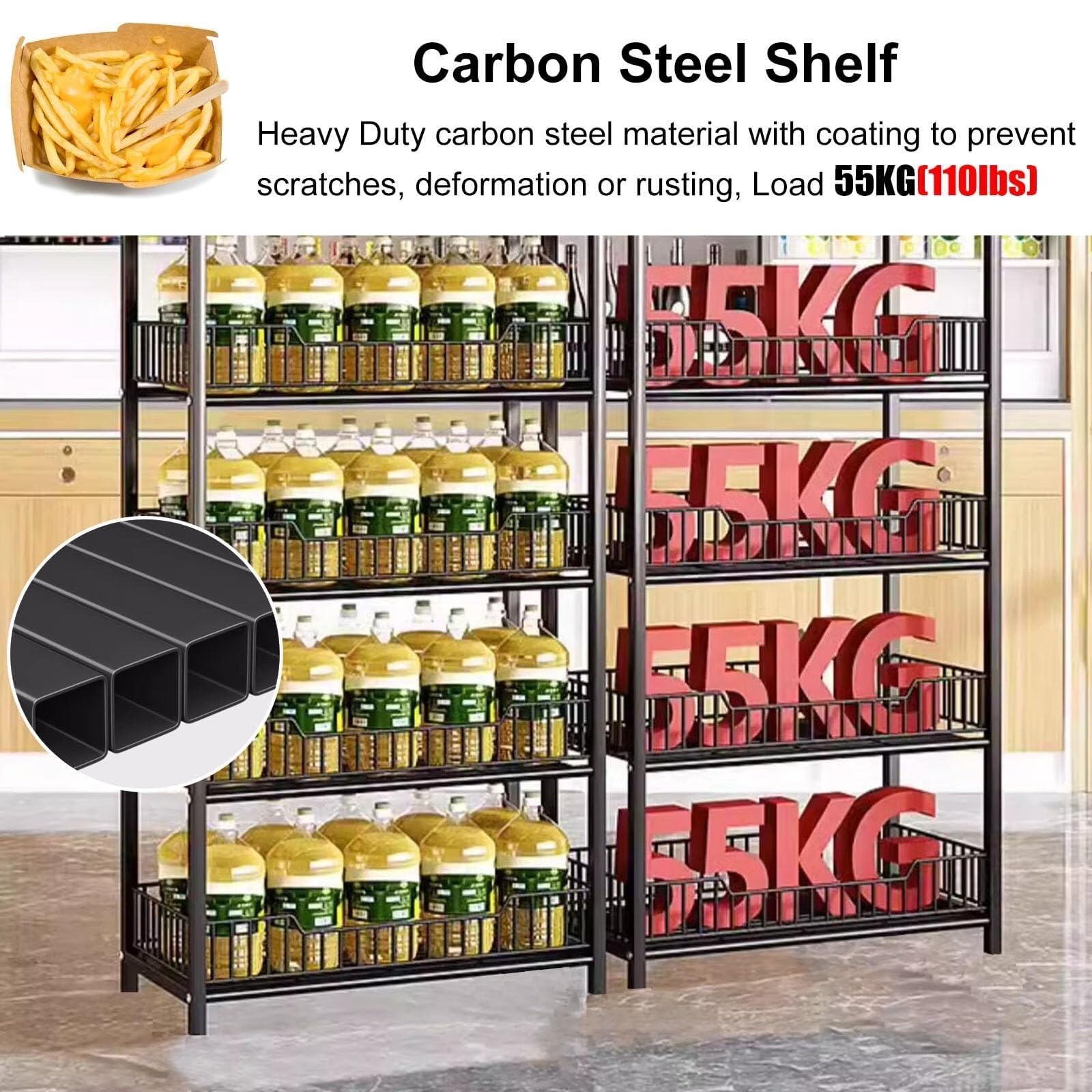Regal für Kartoffelchips, Metall, bodenstehend, mit 10 Haken, langlebiges Stahl-Snackregal für Zuhause (Schwarz, 5 Etagen, 60 x 27 x 166 cm)