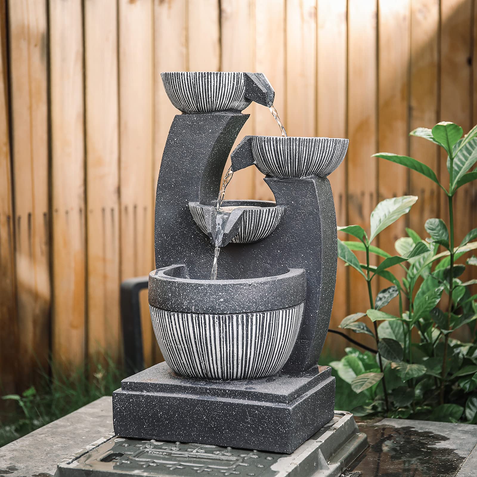 Warmiehomy Water Features for the Garden, 4 Tier Bowls Electric Garden Fountains and Water Features, Waterfall Fountains with Pump & LED Lights, Garden Ornaments Outdoor Indoor, Height 47CM, Grey
