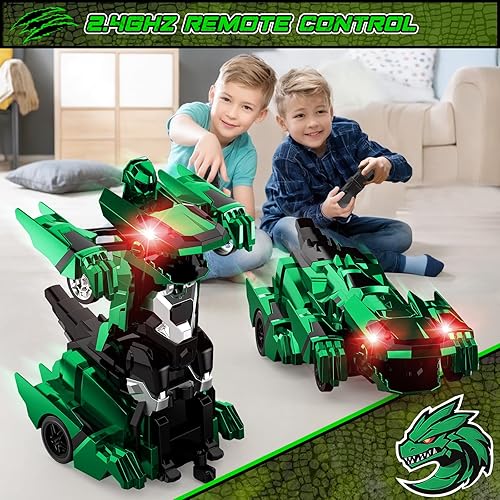 Miniatura 6 de Coches de control remoto de dinosaurio, robot transformador de auto de control remoto de 2.4 GHz con luz intermitente, rotación de 360, un botón,