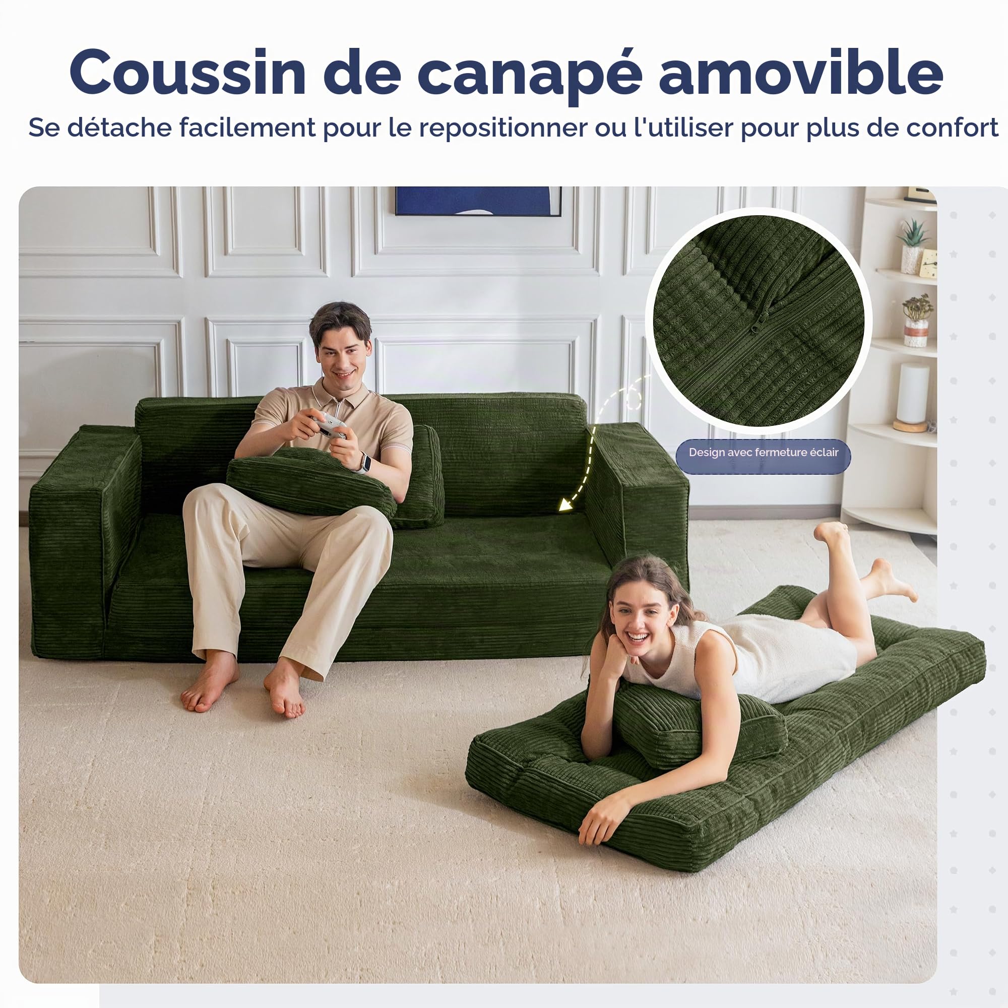 MAXYOYO Canapé-lit de 190 cm de large avec coussin, 2 en 1, pliable, en velours, 3 places, avec fonction sommeil, surface de couchage 101 x 196 cm, pour salon, chambre à coucher, salon