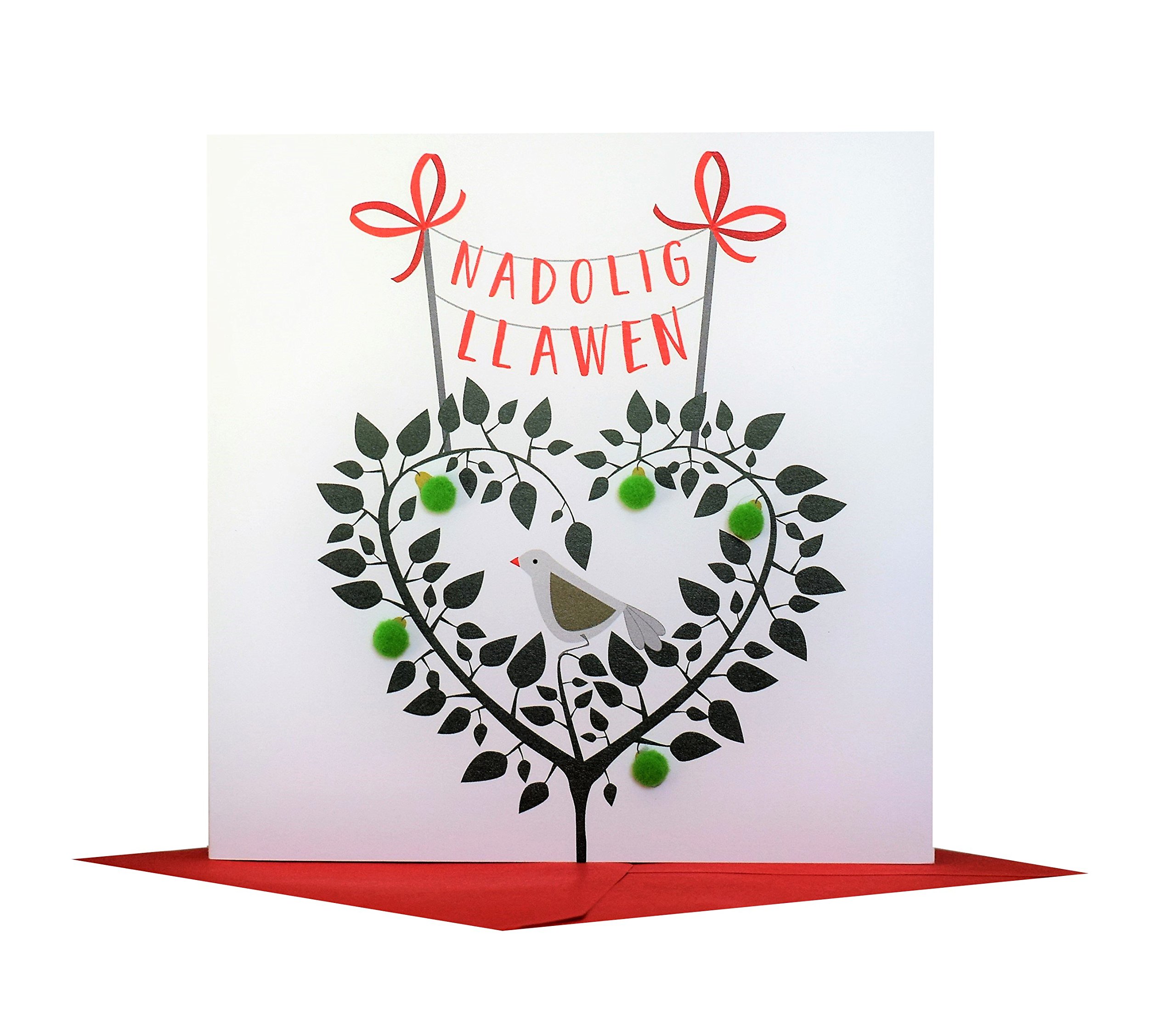 Claire Giles Greeting Cards, Welsh Happy Christmas Card, Nadolig Llawen, Partridge in a pear tree design xmas Greeting Card, Embellished with Colourful Pompoms