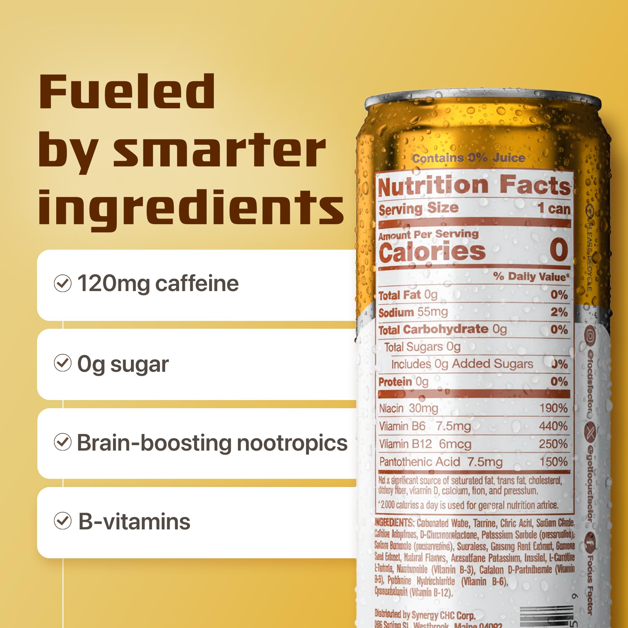 Focus Factor Energy Drink - 12 x 355ml Cans (Pineapple Paradise Flavor) - with Focus + Energy - Lightly Carbonated, Sugar Free, Low Calorie with Vitamin B6 & Vitamin B12