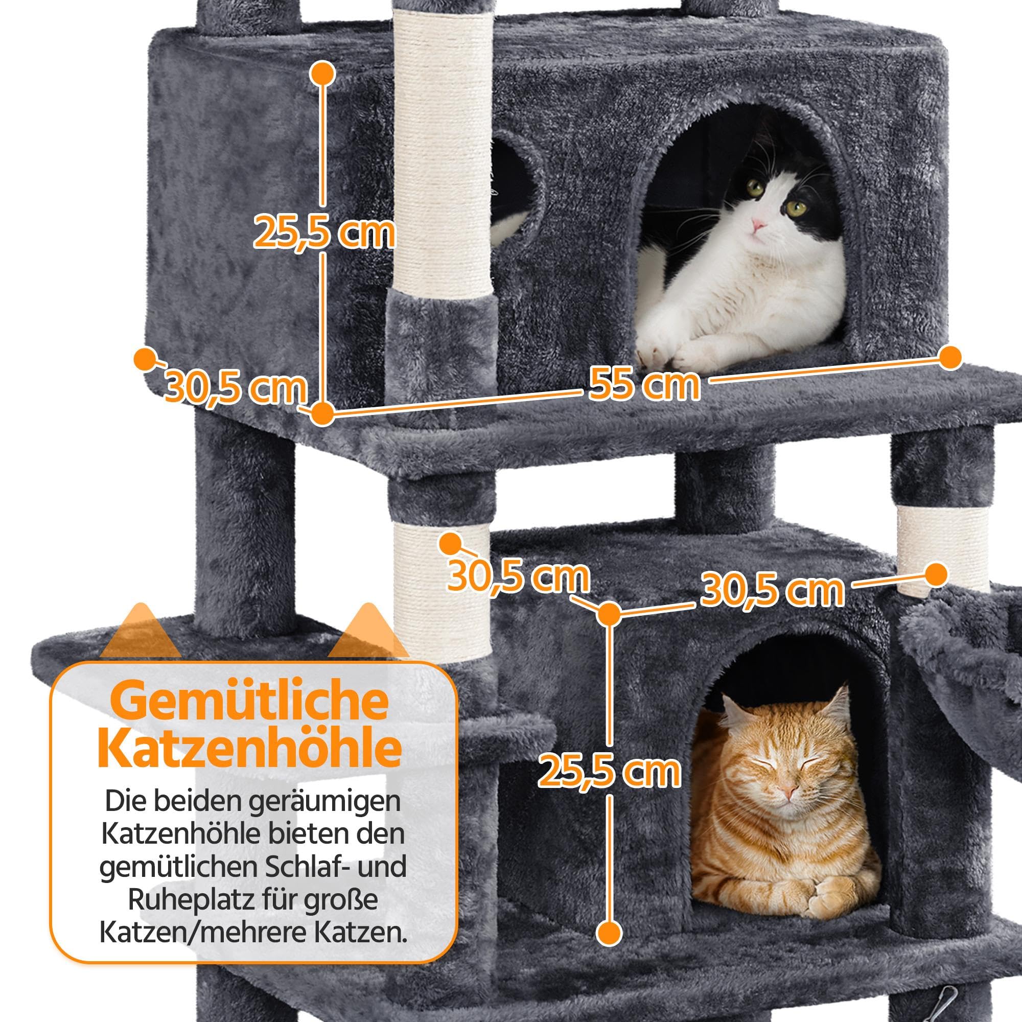 Yaheetech 170cm Kratzbaum Katzenbaum mit 3 Katzenangeln mit Ball dunkelgrau | FSC-zertifizierte Spanplatten | Mehrstöckiger Kratzbaum für Katzen | mit Kippsicherung | mit großer Katzenhöhle & Hängematte