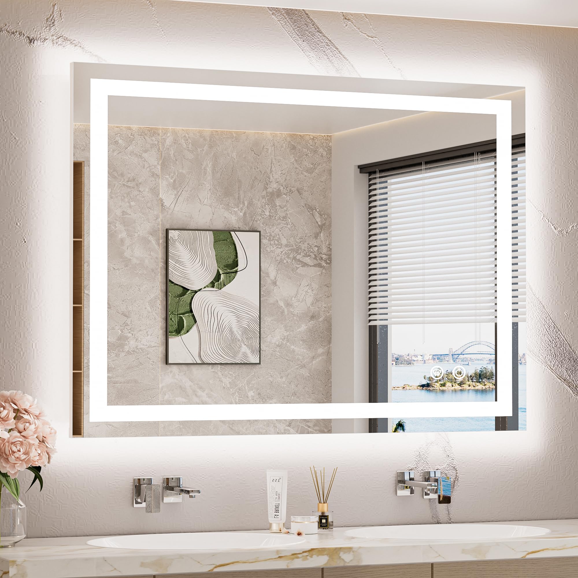 TETOTE LED Lighted Bathroom Mirror with Lights 40 x 30 Brighter Front and Backlit Light up Mirror for Bathroom Wall, Illuminated Vanity Anti Fog Mirror, 3-Color Stepless Dimmable, Tempered Glass