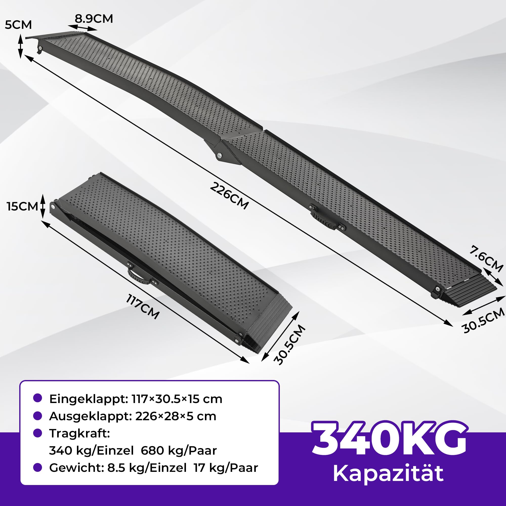 FACHNUO 228x28cm Auffahrrampe klappbar 340 kg Tragfähigkeit Aluminium Rampe für Motorrad, Quad, Pick-up mit tragbarem Griff, Rutschfester Oberfläche, platzsparend(1 Stück, Schwarz)