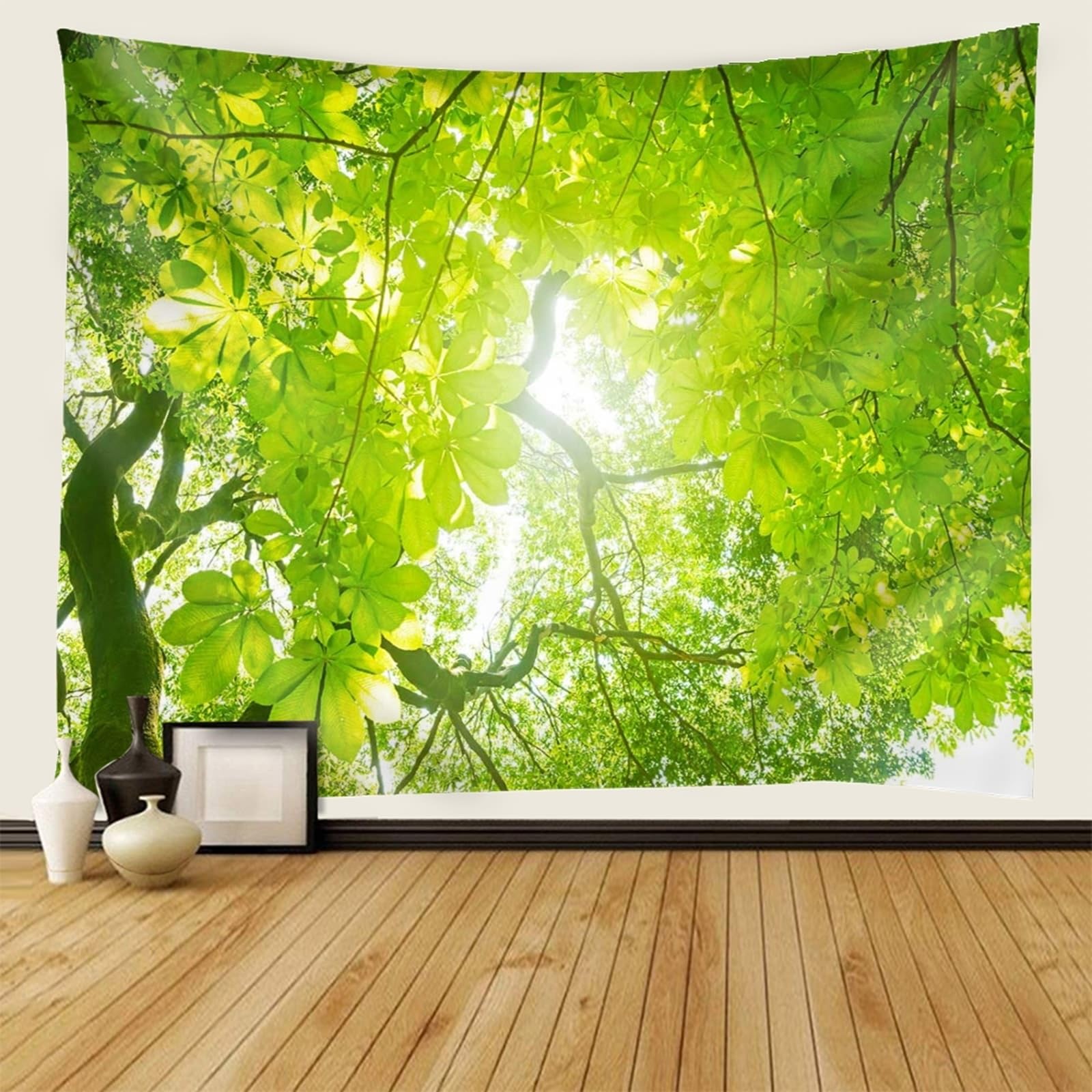 Zielone gobeliny poliester, wiosenne drzewa gałęzie gobelin ścienny sypialnia 200 x 200 cm